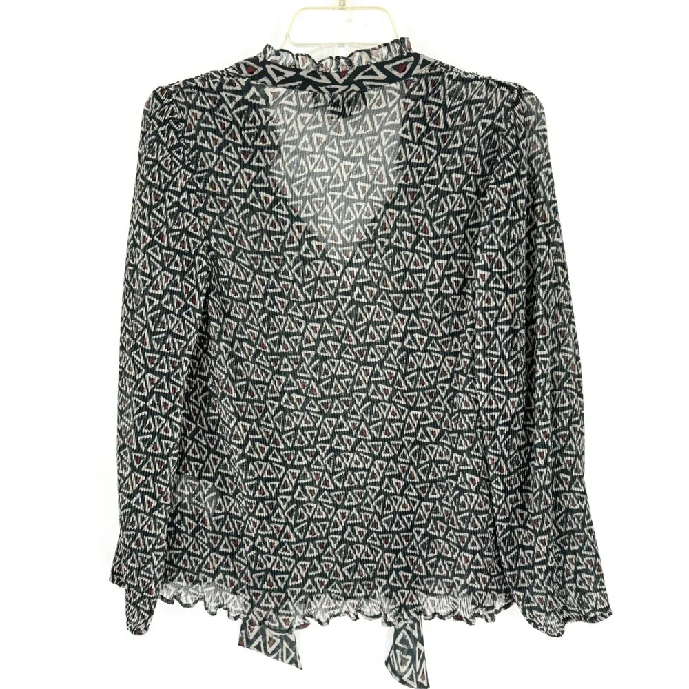 Anthropologie Rinku Dalamal Pleated Tie Neck Bow Blouse Geometric Print‎ Size 8